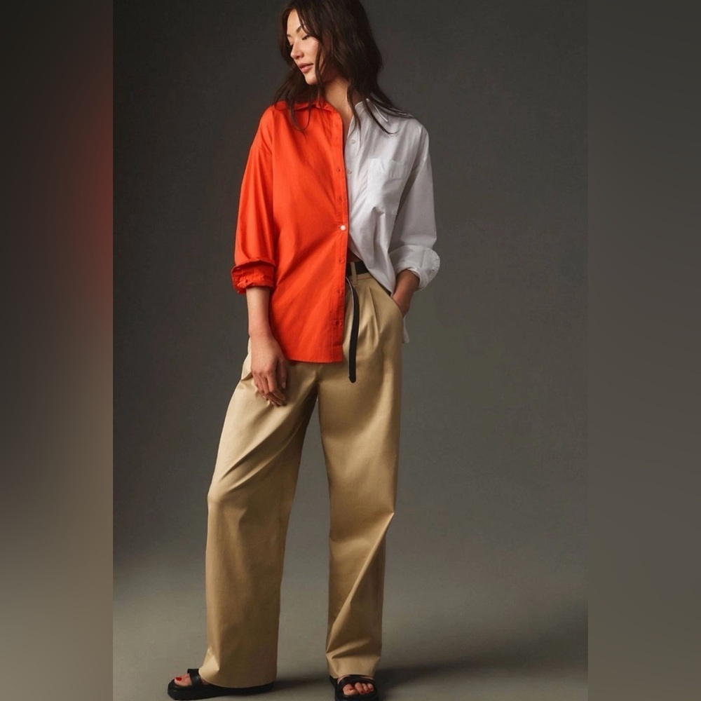 Anthropologie Maeve The Bennet Buttondown Shirt Colorblock Edition White Orange